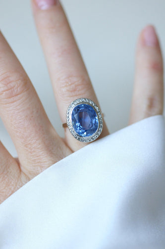 Bague 54 Bague Art déco saphir de Ceylan non chauffé 10,50 ct et diamants 58 Facettes