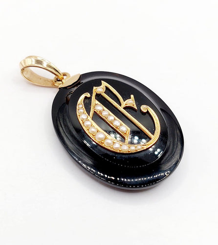 Pendentif Pendentif porte-photo XXL en or 18k, onyx et perles (circa 1900) 58 Facettes A06986