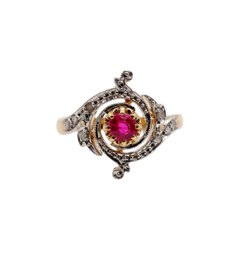 Bague 54.5 Bague tourbillon ancienne en or 18k et platine, rubis synthétique et diamants 58 Facettes A07007