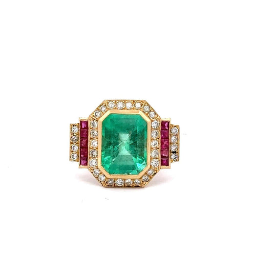 Bague 55 Bague - Émeraude colombienne certifiée, diamants et rubis en or jaune 18k 58 Facettes 50446