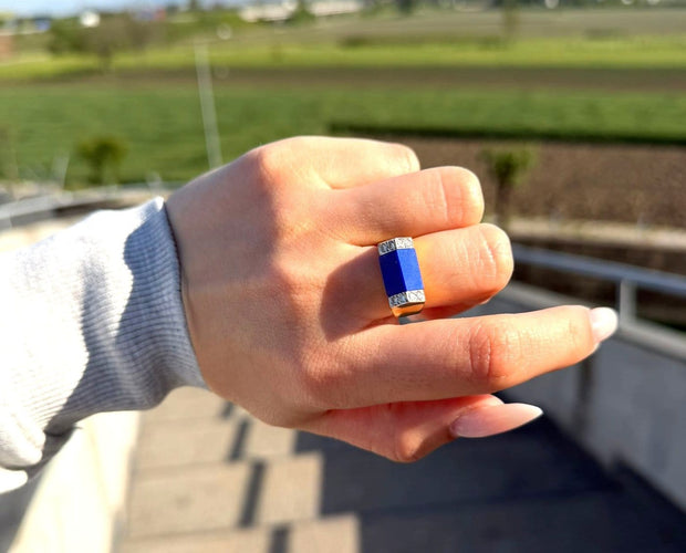 Bague 54 Bague d’époque en or jaune 18 ct avec lapis et diamants 58 Facettes 244/26 A 117/26
