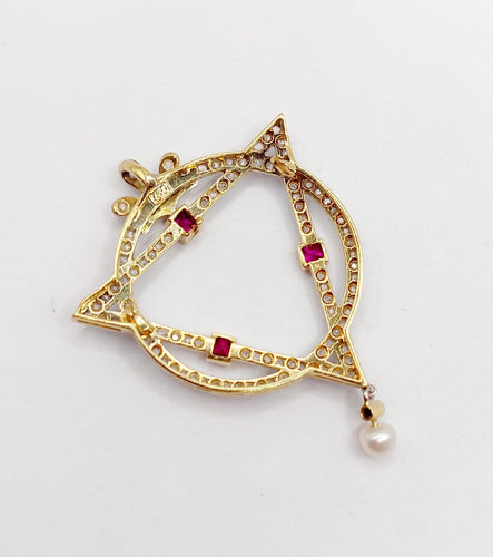 Pendentif Art déco - Pendentif en or 18k et platine, diamants, rubis et perle 58 Facettes A07029