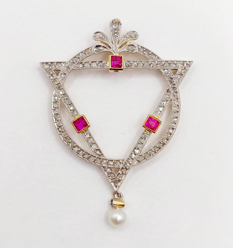 Pendentif Art déco - Pendentif en or 18k et platine, diamants, rubis et perle 58 Facettes A07029