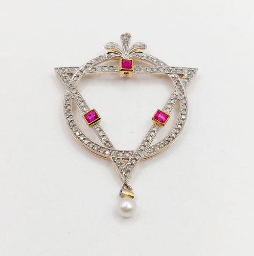 Pendentif Art déco - Pendentif en or 18k et platine, diamants, rubis et perle 58 Facettes A07029