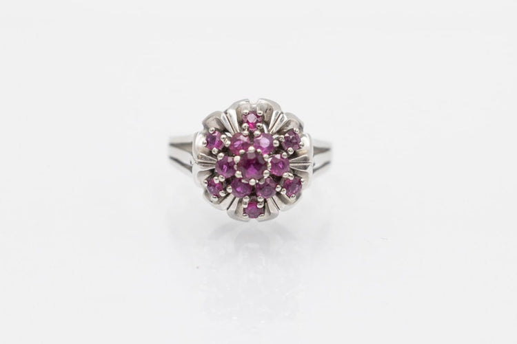 Bague 59 Bague vintage dôme en or blanc 585 sertie de rubis 58 Facettes KGN1