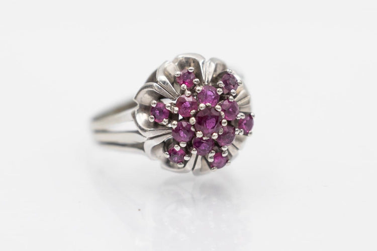 Bague 59 Bague vintage dôme en or blanc 585 sertie de rubis 58 Facettes KGN1