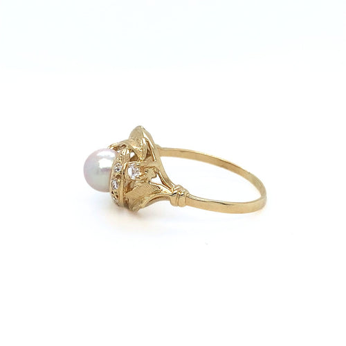 Bague 56.5 Bague Art nouveau en or jaune 750 avec perle blanche et saphirs blancs 58 Facettes 434751
