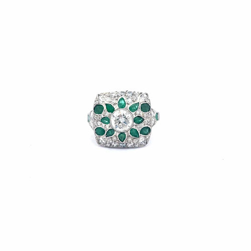 Bague 53 Art déco - Bague cocktail florale en platine avec émeraudes et diamants 58 Facettes UN-0753