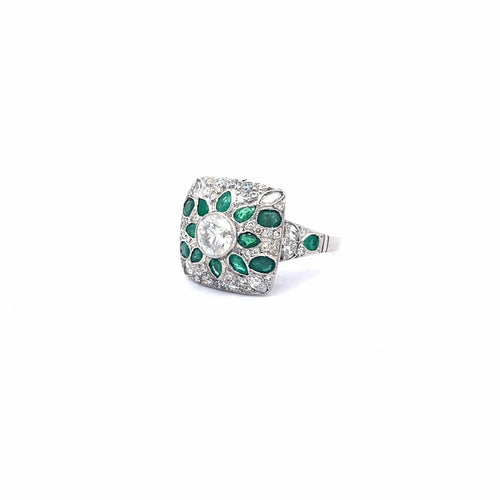 Bague 53 Art déco - Bague cocktail florale en platine avec émeraudes et diamants 58 Facettes UN-0753