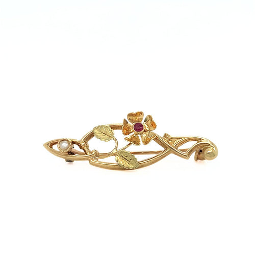 Broche Broche Art nouveau en or jaune 750 avec rubis et perle 58 Facettes 434771