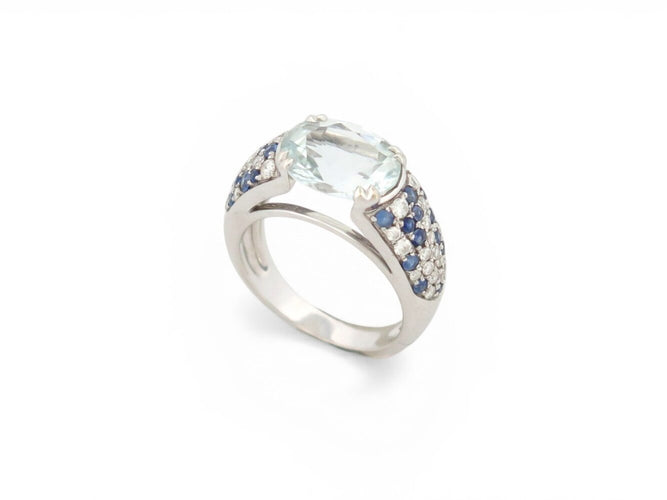 Bague 52 Mauboussin Nuit d'Amour - Bague en or blanc et aigue-marine, diamants et saphirs 58 Facettes 274240