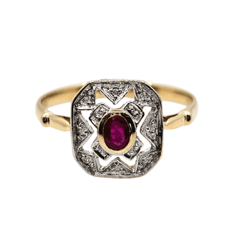 Bague 60 Bague vintage Art déco en or jaune et blanc 18 ct rubis et diamants 58 Facettes 720
