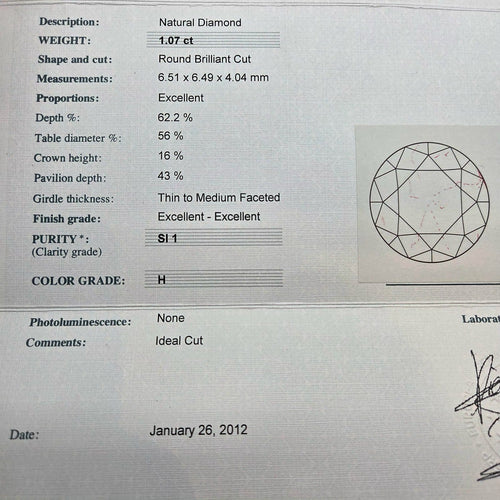 Diamant naturel - Pierre 1,07 carat H/SI1 (EGL) 58 Facettes BO/260025