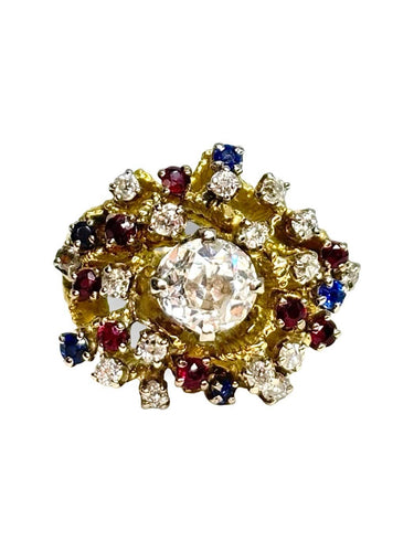 Bague 53 Bague ancienne en or jaune 18K avec diamants, saphirs et rubis 58 Facettes 1873