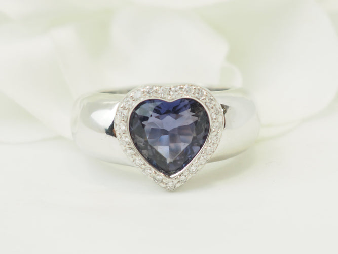 Bague 56 Poiray - Bague cœur en or blanc 18 ct avec tanzanite et diamants 58 Facettes 33744
