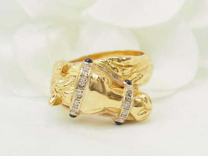Bague 63 Bague tête de cheval en or jaune 18 carats, diamants et saphirs 58 Facettes 33731