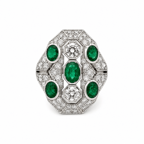 Bague 56 Bague Art déco géométrique en or blanc 18k, émeraudes colombiennes et diamants 58 Facettes 50455