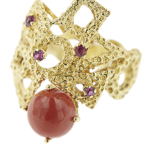 Bague Bague - Corail cabochon et rubis en or jaune 18 ct 58 Facettes 39754