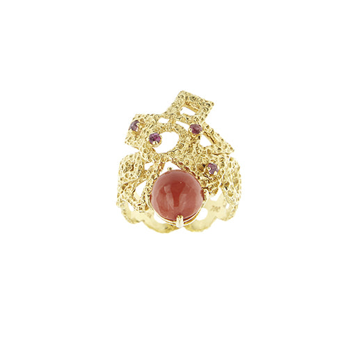 Bague Bague - Corail cabochon et rubis en or jaune 18 ct 58 Facettes 39754