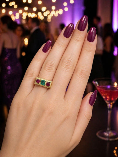 Bague 59 Art déco - Bague large géométrique en or jaune 18k, émeraude et rubis 58 Facettes 50462
