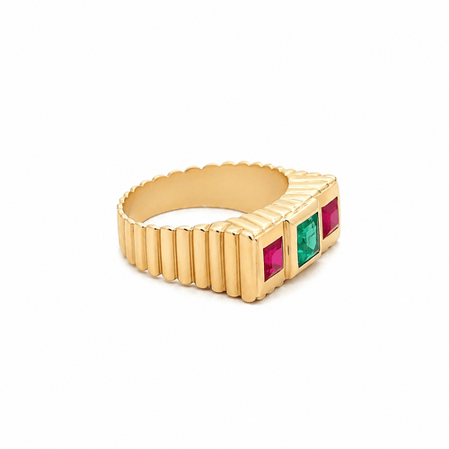 Bague 59 Art déco - Bague large géométrique en or jaune 18k, émeraude et rubis 58 Facettes 50462