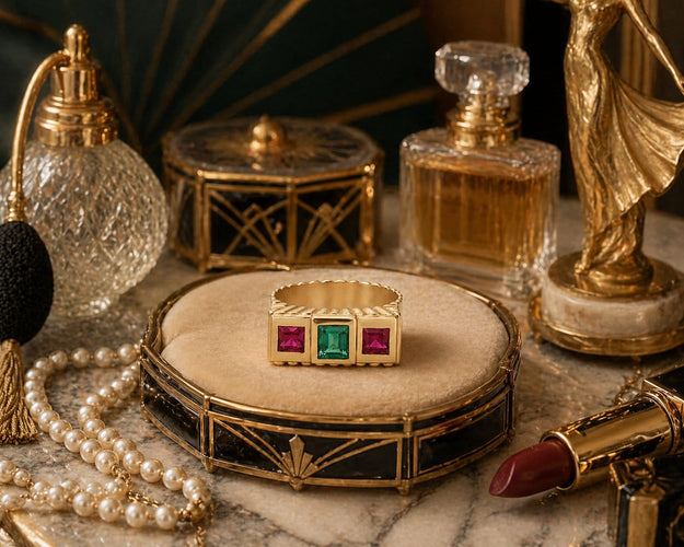 Bague 59 Art déco - Bague large géométrique en or jaune 18k, émeraude et rubis 58 Facettes 50462