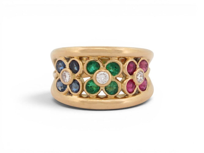 Bague 52 Bague motif fleur en or jaune 18k avec diamants, rubis, émeraudes et saphirs 58 Facettes 274618