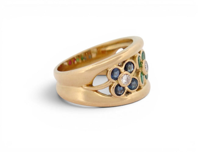 Bague 52 Bague motif fleur en or jaune 18k avec diamants, rubis, émeraudes et saphirs 58 Facettes 274618