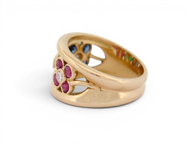 Bague 52 Bague motif fleur en or jaune 18k avec diamants, rubis, émeraudes et saphirs 58 Facettes 274618