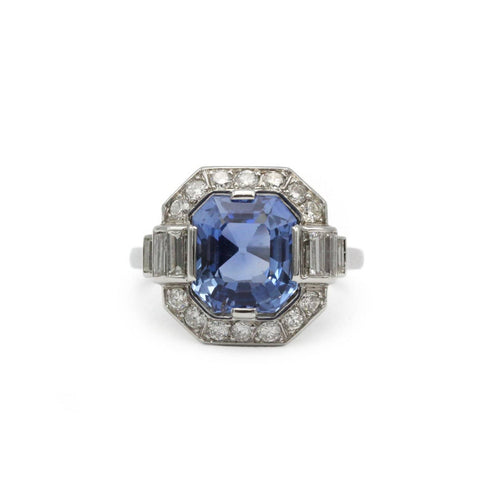 Bague 53 Bague Art déco en platine, diamants et saphir de Ceylan 4,30 ct 58 Facettes 1347
