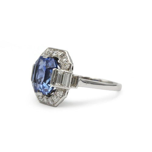 Bague 53 Bague Art déco en platine, diamants et saphir de Ceylan 4,30 ct 58 Facettes 1347