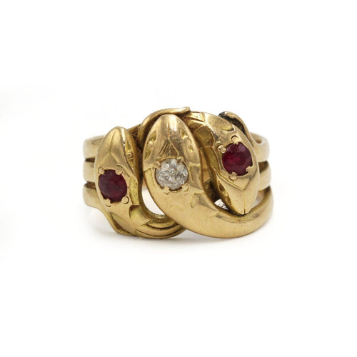 Bague 61 Bague serpent ancienne en or jaune 750 avec diamant et rubis 58 Facettes 1388