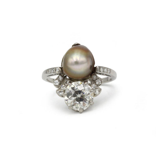 Bague 55 Bague Art déco en platine 950, diamants et perle fine 58 Facettes 1344