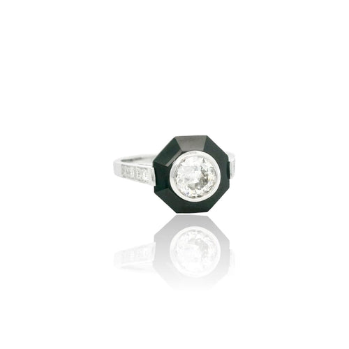 Bague 52.5 Bague Art déco en or blanc 18K, onyx et diamants 58 Facettes