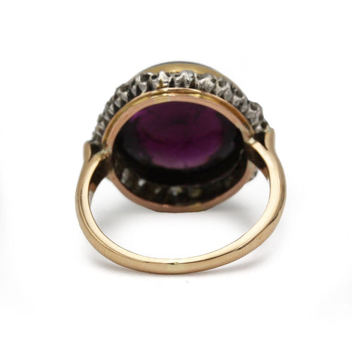 Bague 51 Bague en or jaune 750 avec diamants taille ancienne et grenat cabochon 58 Facettes 1366