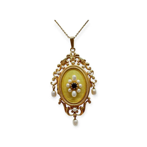 Pendentif Pendentif porte-photo vintage en or jaune 750 avec grenat et perles 58 Facettes 330095585