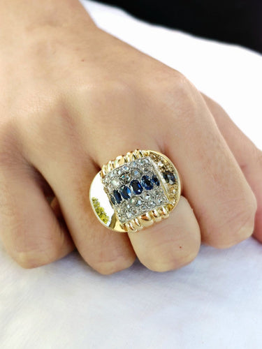 Bague 56 Bague Tank - Bague en or jaune 18 carats, diamants et saphirs 58 Facettes id: 1754206