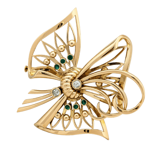 Broche Broche nœud en or jaune, diamants et émeraudes 58 Facettes 36314