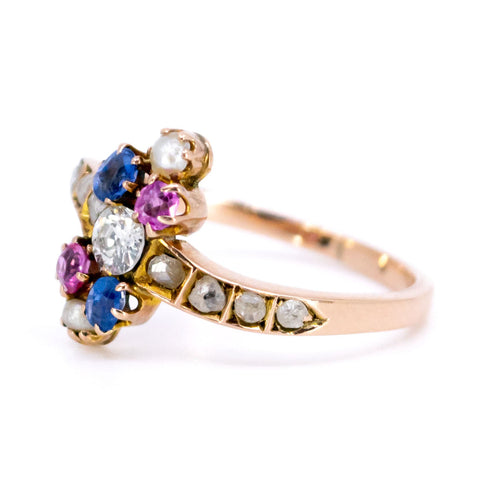 Bague 53 Bague Art nouveau - Cluster en or 14k avec diamants, saphirs, rubis et perles 58 Facettes 3F5425ABC9734D598422D7412A27156B