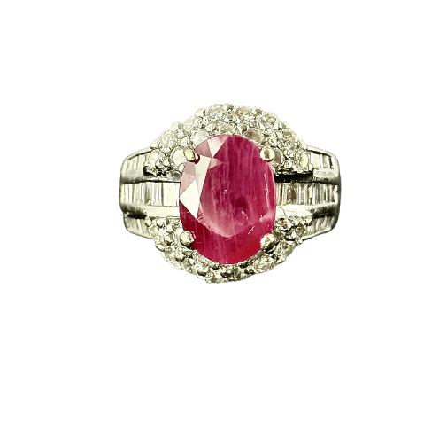 Bague 55.5 Bague - Rubis ovale env. 2 ct et diamants en or blanc 18 carats 58 Facettes Bague 008