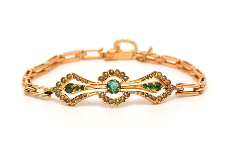 Bracelet Bracelet Art nouveau en or jaune 18 carats, émeraudes et perles 58 Facettes 23682
