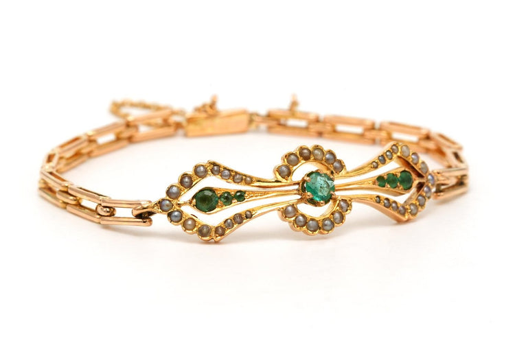 Bracelet Bracelet Art nouveau en or jaune 18 carats, émeraudes et perles 58 Facettes 23682