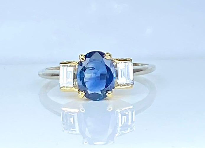 Bague 56 Bague en or 18 carats avec saphir de Ceylan et diamants 58 Facettes AB715
