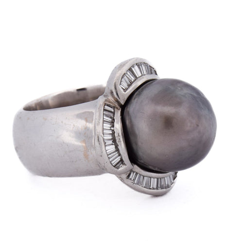 Bague 49 Bague vintage en or blanc 18 ct avec perle et diamants 58 Facettes AN431 (00529)