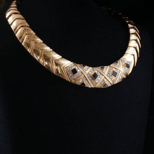 Collier Van Cleef & Arpels - Collier ras-de-cou rigide vintage en or jaune et diamants onyx 58 Facettes 2.19406-1