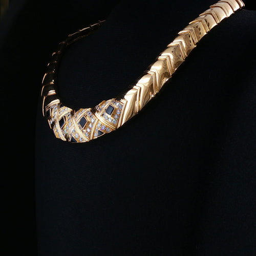 Collier Van Cleef & Arpels - Collier ras-de-cou rigide vintage en or jaune et diamants onyx 58 Facettes 2.19406-1