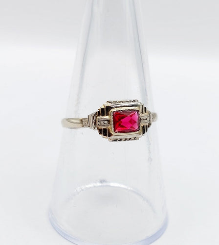 Bague 56.5 Bague Art déco en or blanc 18k avec pierre rouge 58 Facettes A07130