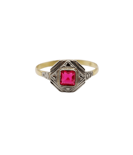 Bague 55.5 Bague Art déco en or 18k et verre rouge 58 Facettes A07132