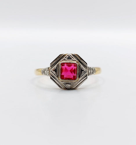 Bague 55.5 Bague Art déco en or 18k et verre rouge 58 Facettes A07132