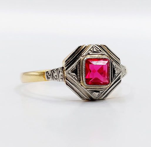 Bague 55.5 Bague Art déco en or 18k et verre rouge 58 Facettes A07132